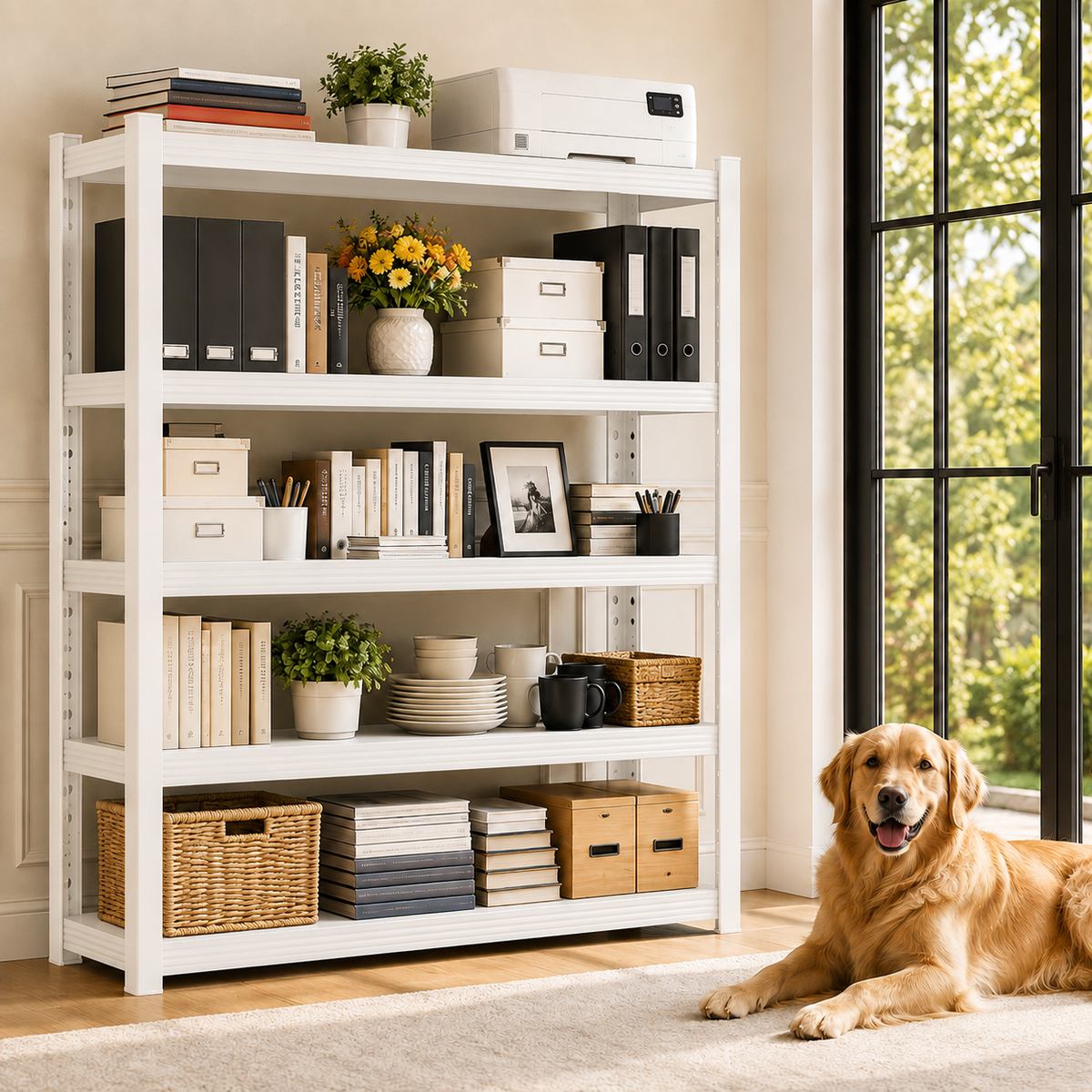 Metal Storage Shelf, Heavy‑Duty Cold‑Rolled Steel Organizer for Home Kitchen Garage (White, 47H*31.5L*16W(4 Tier), Thickened Version)