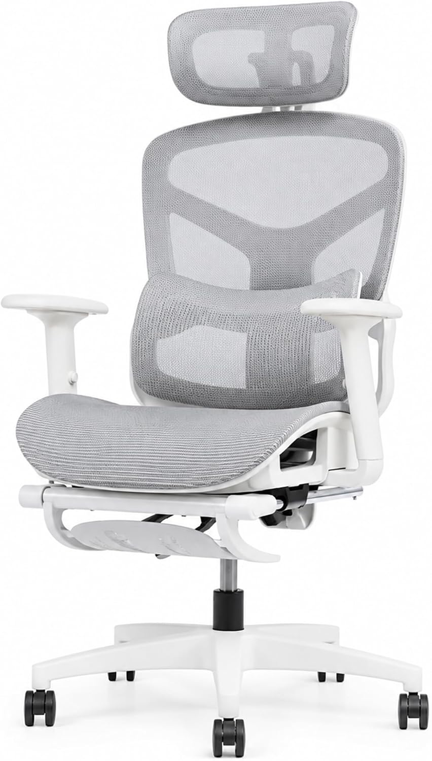 Premium Mesh Ergonomic Office Chair, Dynamic Lumbar Support, Recline Tilt Function (White +6D Adjustable Armrest, G03:Upgraded High Elastic Hollow Mesh Seat Cushion, with Footrest)