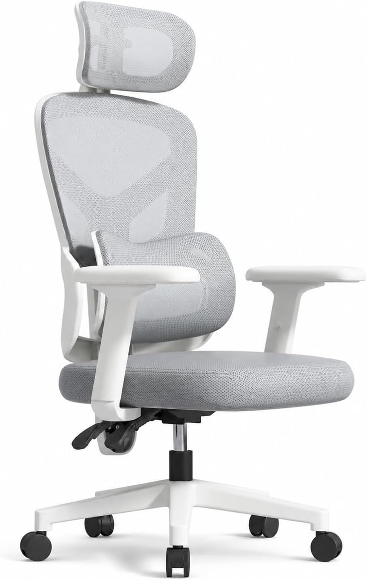 Premium Mesh Ergonomic Office Chair, Dynamic Lumbar Support, Recline Tilt Function (White +6D Adjustable Armrest, G03:Upgraded High Elastic Hollow Mesh Seat Cushion, with Footrest)