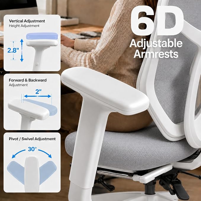 Premium Mesh Ergonomic Office Chair, Dynamic Lumbar Support, Recline Tilt Function (White +6D Adjustable Armrest, G03:Upgraded High Elastic Hollow Mesh Seat Cushion, with Footrest)