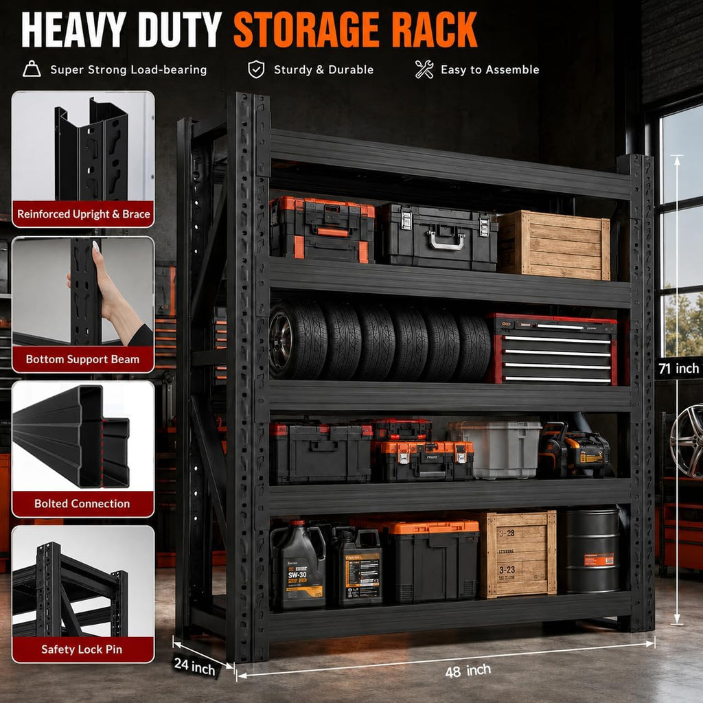 Heavy Duty Garage Shelving, Tool-Free Boltless Assembly, 7-Layer Rust-Resistant Coating, 6000LBS/Unit, Patented Dual-Chamber Beam, Expandable, Adjustable 4-Tier Rack (Black, 48 * 24 * 71inch)