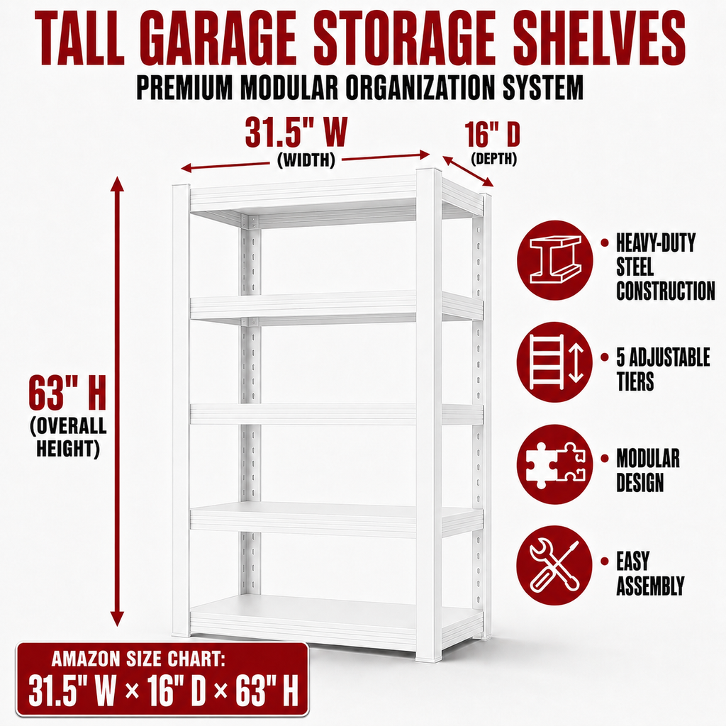 Metal Storage Shelf, Heavy‑Duty Cold‑Rolled Steel Organizer for Home Kitchen Garage (White, 47H*31.5L*16W(4 Tier), Thickened Version)