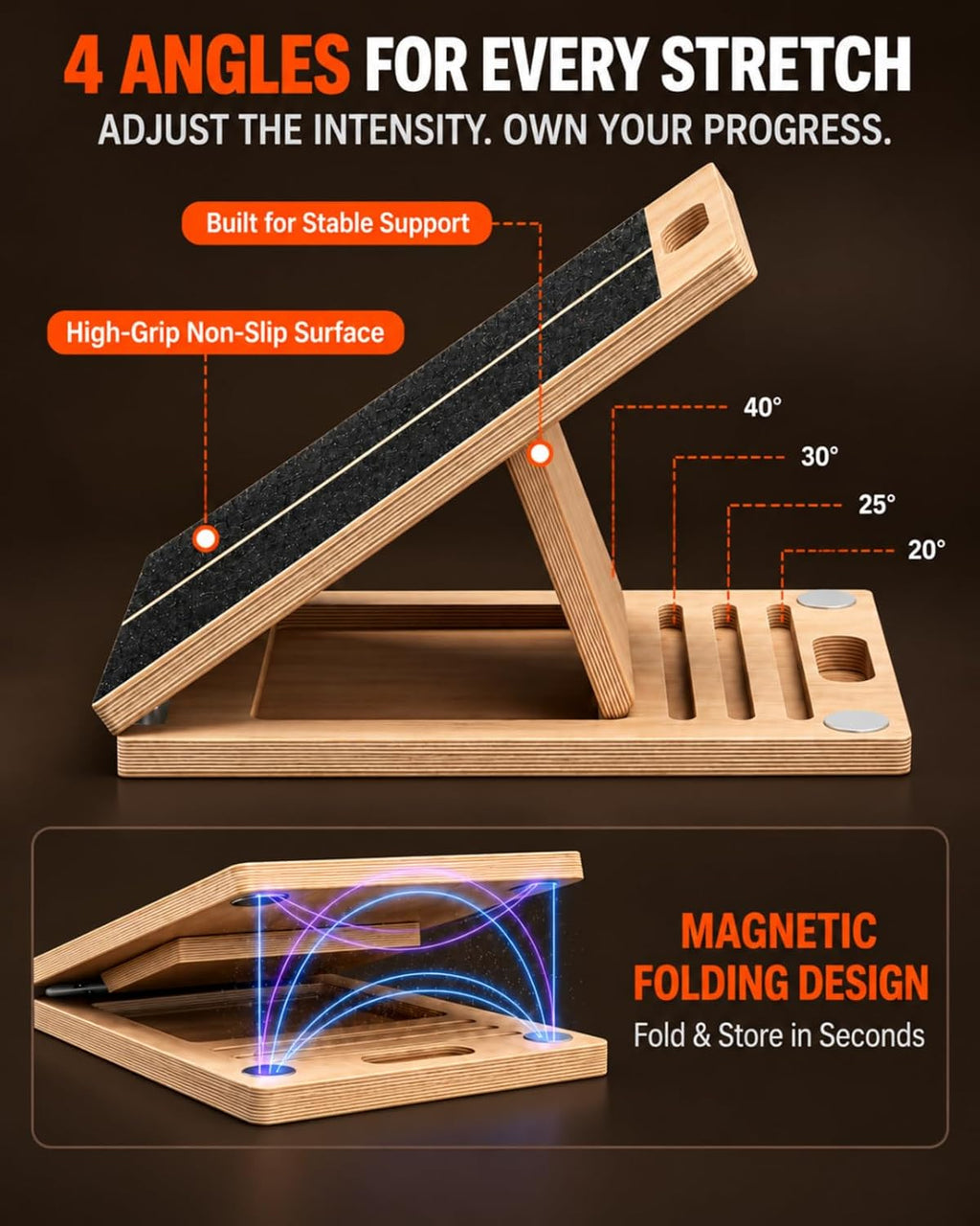 Slant Board for Exercise with Complete Mobility Kit, Foot Stretcher, Portable Foldable Wooden Wedge with 500 lb Capacity, Non-Slip Design, Carry Handle for Home, Gym and Office