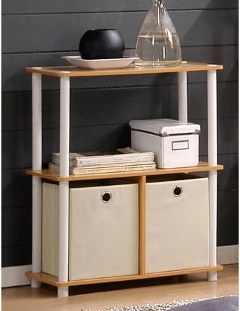 99152BE/WH/IV 3-Tier Go Green Multipurpose Storage Rack Shelving Unit Bookshelf Cabinet with 2 Bins, Beech Finish