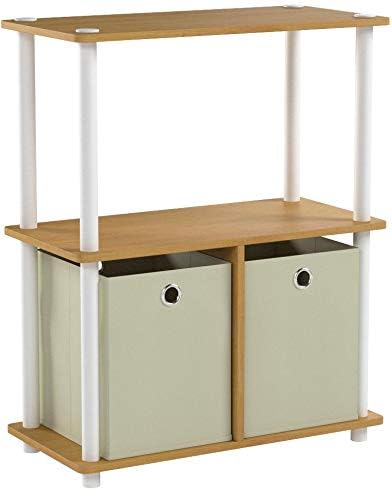TURN-N-TUBE Storage Shelves Set of 2, 3-Tier Toolless Book Shelf with Storage Bins, Display Shelf, for Organization and Storage, Living Room, Garage, Home Office, Beech