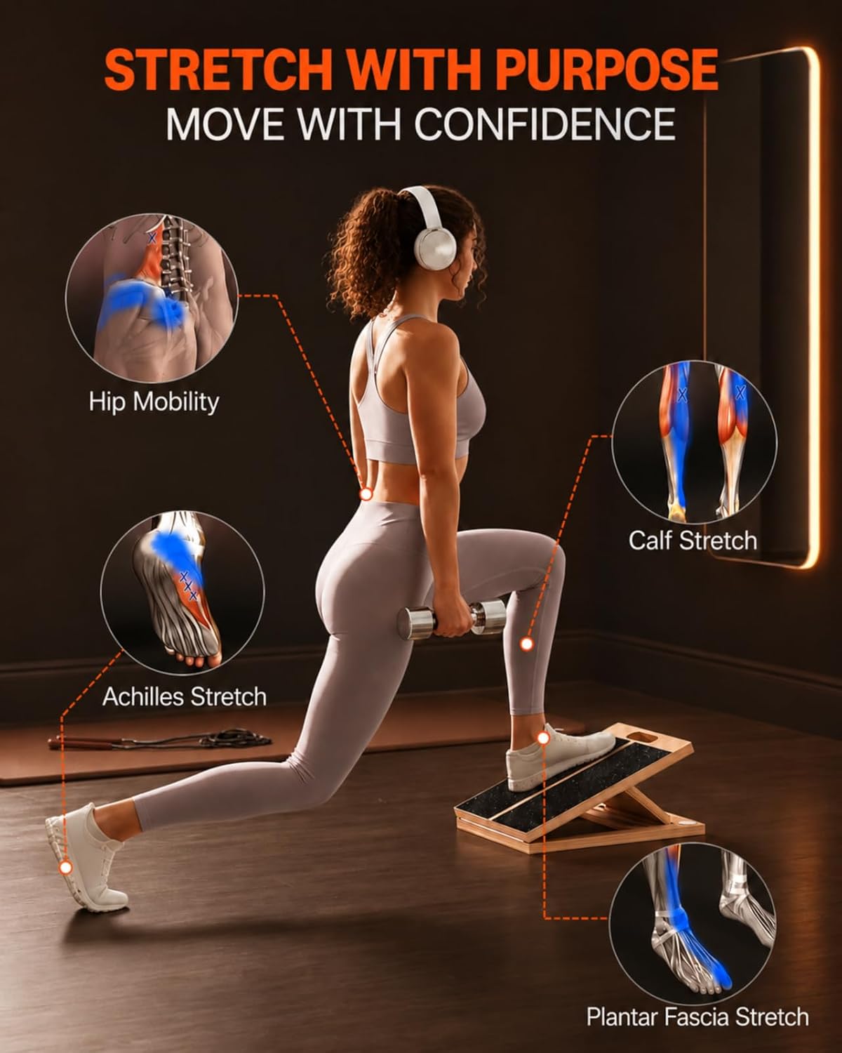 Slant Board for Exercise with Complete Mobility Kit, Foot Stretcher, Portable Foldable Wooden Wedge with 500 lb Capacity, Non-Slip Design, Carry Handle for Home, Gym and Office
