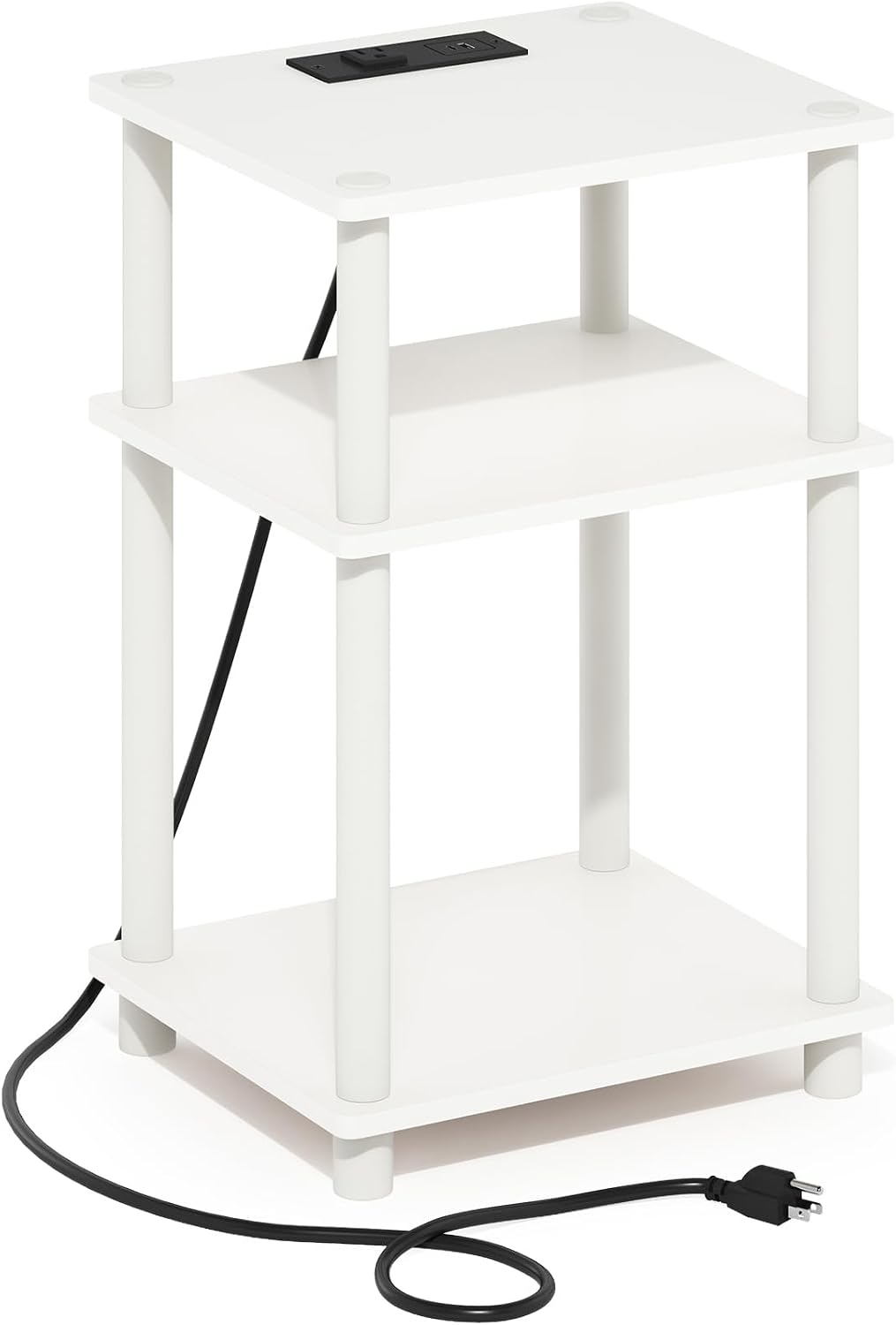JUST Side Table, 3-Tier Modern End Table with Charging Station, Easy Assembly Night Stand, Bedside Table with USB and Type-C Port, for Living Room, Bedroom, White