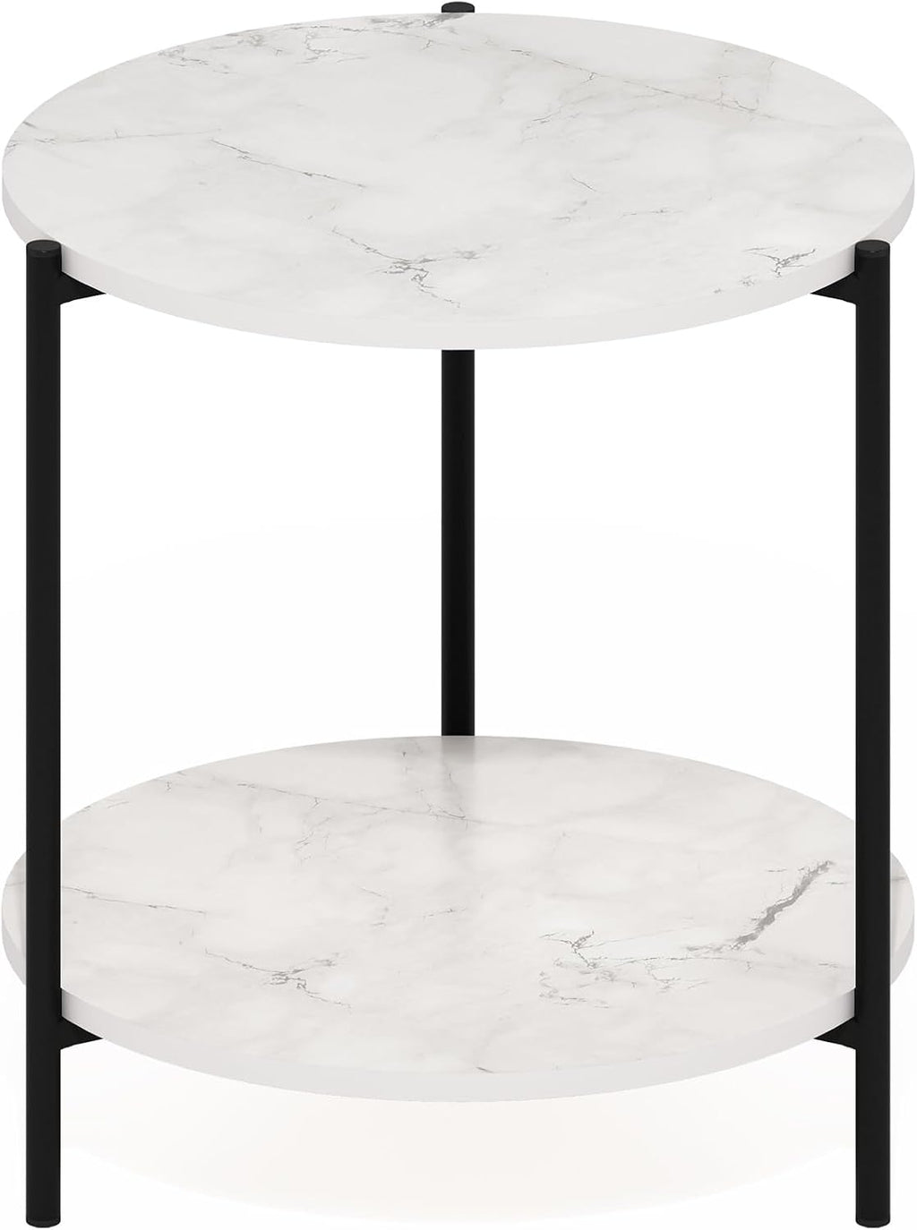 BESI Night Stand, 2-Tier Wide Round Nightstand, Metal Frame End Table, Bedside Table, Side Table with Open Shelf, for Living Room, Bedroom, Marble White