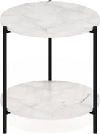 BESI Night Stand, 2-Tier Wide Round Nightstand, Metal Frame End Table, Bedside Table, Side Table with Open Shelf, for Living Room, Bedroom, Marble White