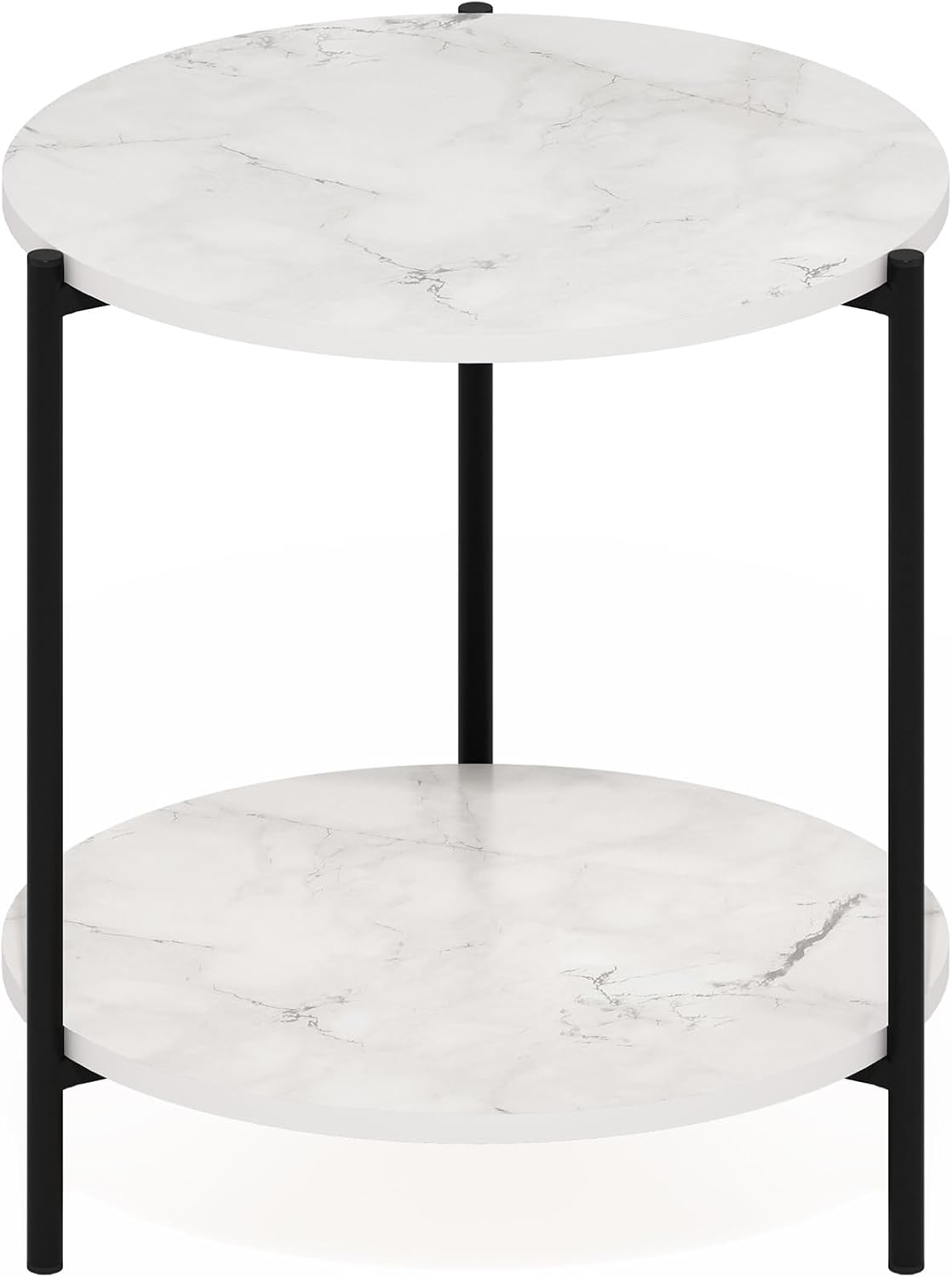 Besi 2-Tier Modern Round Side End Table with Sturdy Metal Legs, 15.55 (W) x 10.58 (H) x 5.46 (D) inches, Marble White