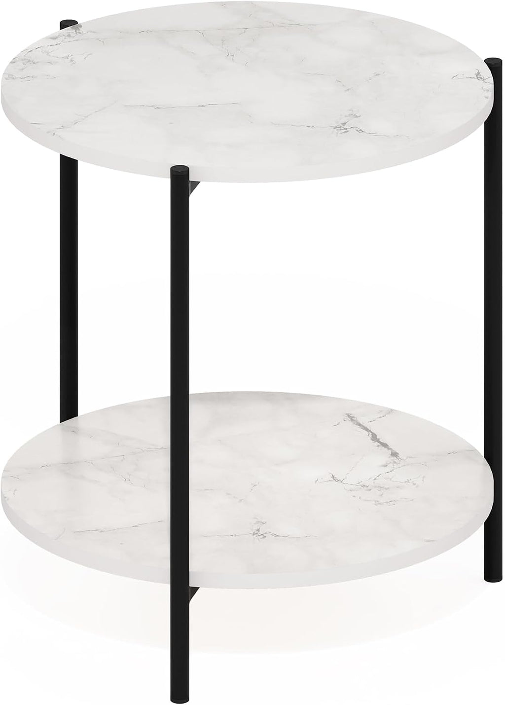 BESI Night Stand, 2-Tier Wide Round Nightstand, Metal Frame End Table, Bedside Table, Side Table with Open Shelf, for Living Room, Bedroom, Marble White