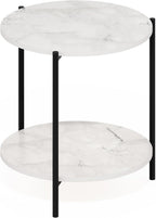 BESI Night Stand, 2-Tier Wide Round Nightstand, Metal Frame End Table, Bedside Table, Side Table with Open Shelf, for Living Room, Bedroom, Marble White
