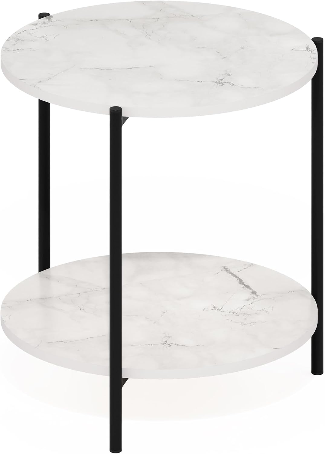 Besi 2-Tier Wide Round Side Table with Metal Legs, Metal Frame, White End Table, Night Stand, Bedside Table with Open Shelf, for Living Room, Bedroom, Light Marble
