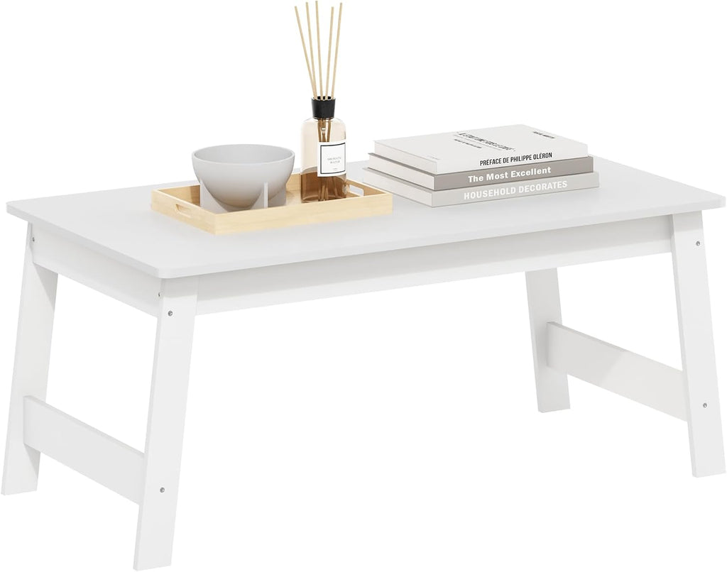Beginning Coffee Table, Rectangular Modern Center Table with H-Legs, Side Table, Soft Edges, Easy Assembly, for Living Room, Bedroom, Home Office, White
