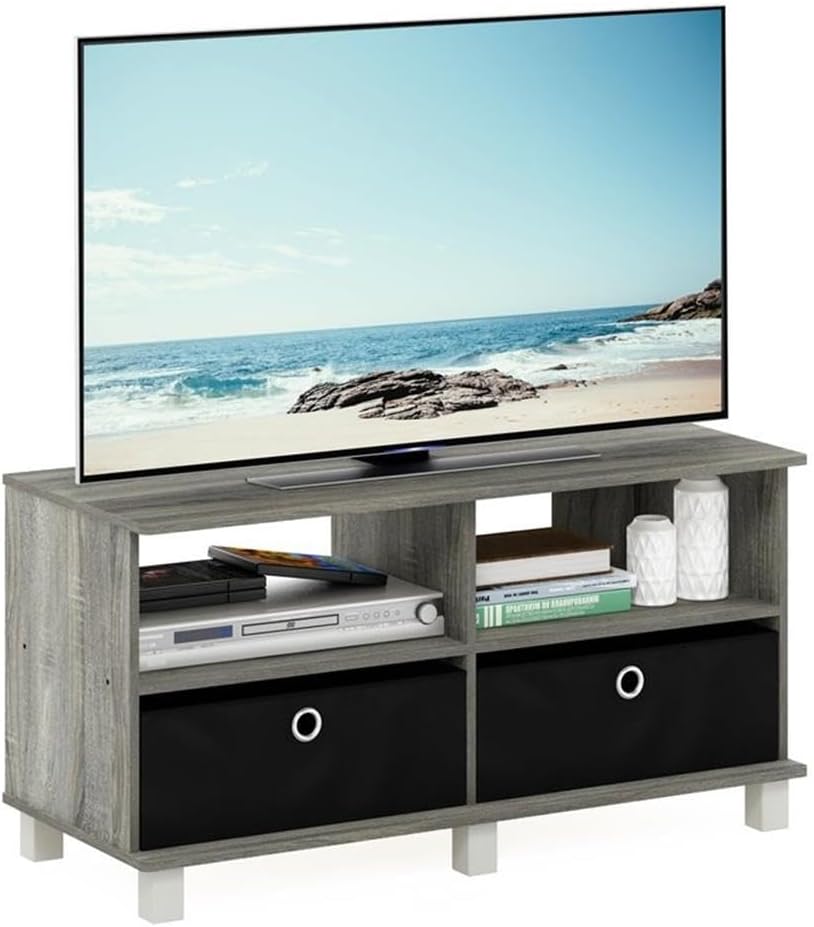 Andrey Entertainment Center with Bin Drawers, French Oak Grey/Black