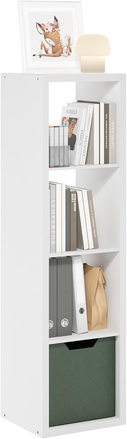 Cubicle Book Shelf, Vertical 4-Cube Bookshelf, Extra Thick Frame Horizontally & Vertically Reversible Bookcase with Open Back, 14.6" x 16" x 58", for Living Room, Bedroom, Home Office, White