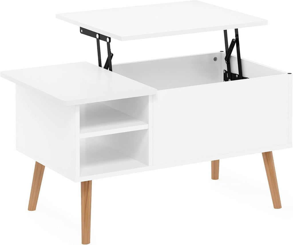Jensen Living Room Wooden Leg Lift Top Coffee Table With Hidden Compartment and Side Open Storage Shelf, Solid White