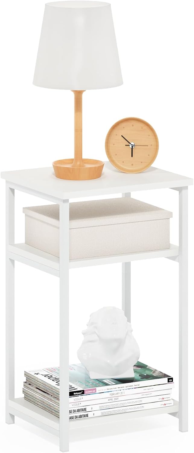 JUST 3-Tier Telephone Table, Metal Frame Modern Side Table with Open Shelf, Night Stand, Bedside Table, Easy Assembly, for Living Room, Bedroom, White