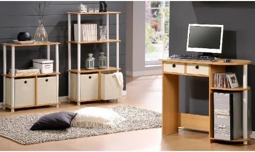 99152BE/WH/IV 3-Tier Go Green Multipurpose Storage Rack Shelving Unit Bookshelf Cabinet with 2 Bins, Beech Finish