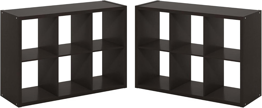 Cubicle Book Shelf Set of 2, 6-Cube Bookshelf, Black Dark Oak