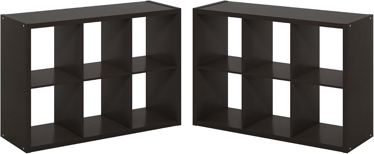 Cubicle Book Shelf Set of 2, 6-Cube Bookshelf, Black Dark Oak