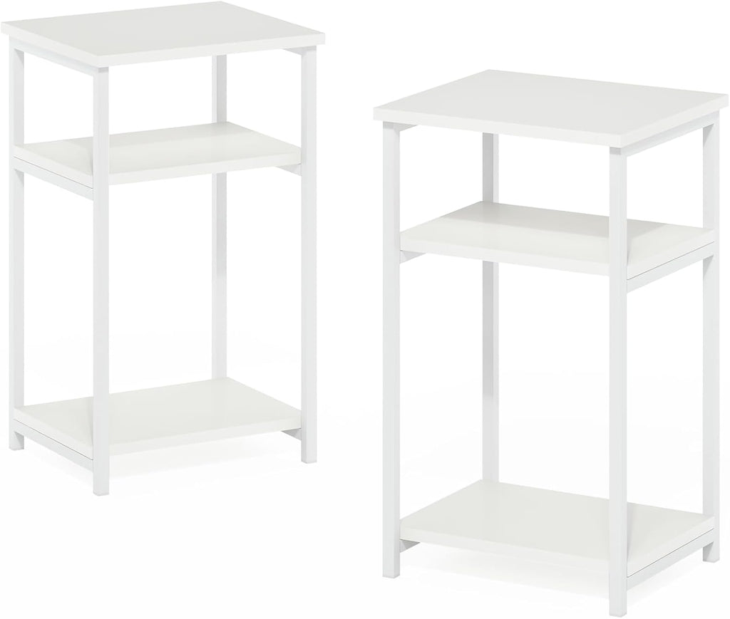 JUST 3-Tier Telephone Table Set of 2, Metal Frame Modern Side Table with Open Shelf, Night Stand, Bedside Table, Easy Assembly, for Living Room, Bedroom, White