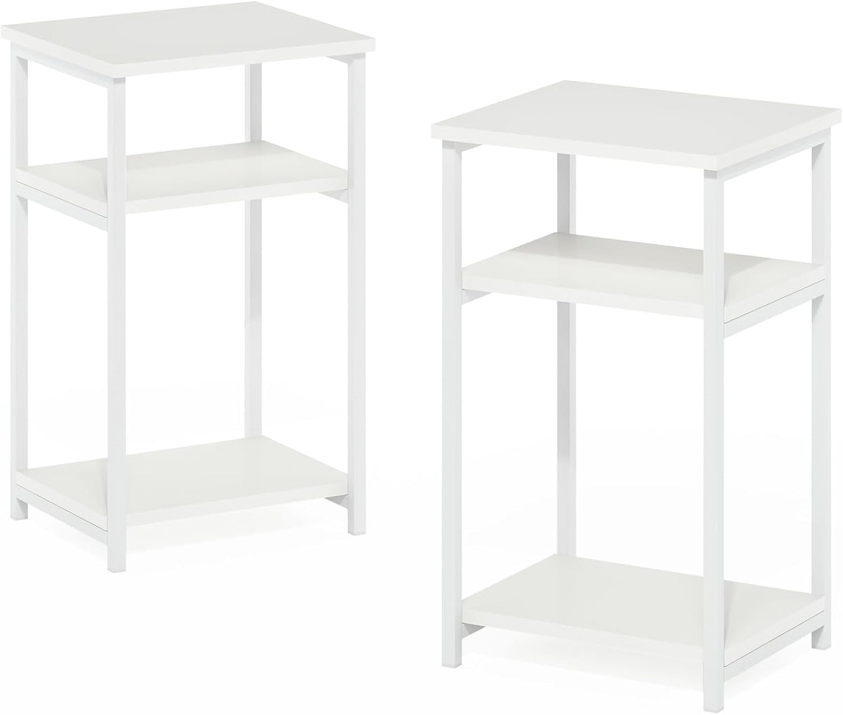 JUST 3-Tier Telephone Table Set of 2, Metal Frame Modern Side Table with Open Shelf, Night Stand, Bedside Table, Easy Assembly, for Living Room, Bedroom, White