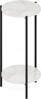 Besi 2-Tier Tall Round Side Table with Metal Legs, Light Marble