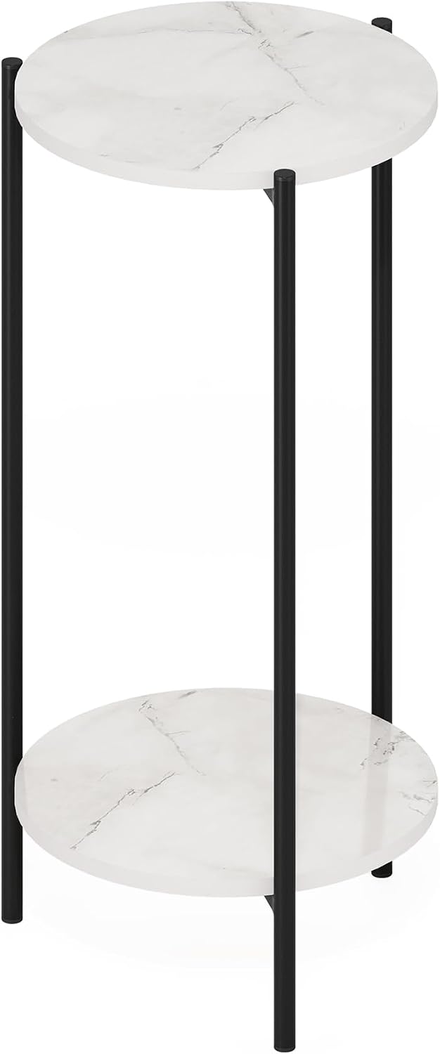 Besi 2-Tier Tall Round Side Table with Metal Legs, Light Marble