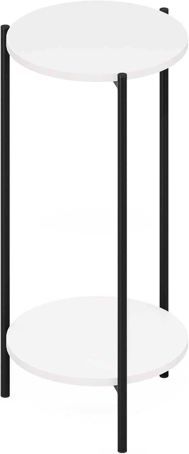 BESI Night Stand, 2-Tier Tall Round Nightstand, Metal Frame Narrow End Table with Open Shelf, Side Table, Bedside Table, for Bedroom, Closet, Dorm, White