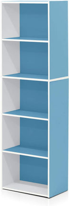 LUDER Book Shelf, 5-Tier Bookshelf, Bookcase with Open Shelves, 9.4 x 15.8 x 52, Easy Assembly, for Living Room, Bedroom, Home Office, White/Light Blue