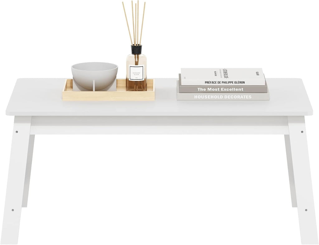 Beginning Coffee Table, Rectangular Modern Center Table with H-Legs, Side Table, Soft Edges, Easy Assembly, for Living Room, Bedroom, Home Office, White