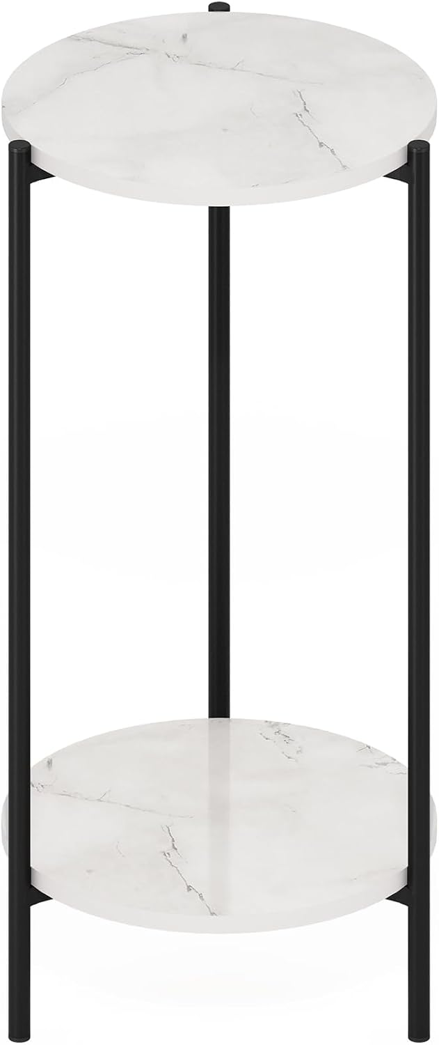 Besi 2-Tier Tall Round Side Table with Metal Legs, Light Marble