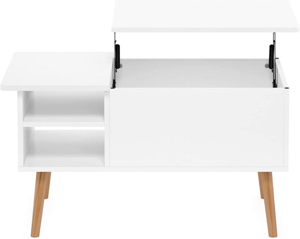 Jensen Living Room Wooden Leg Lift Top Coffee Table With Hidden Compartment and Side Open Storage Shelf, Solid White