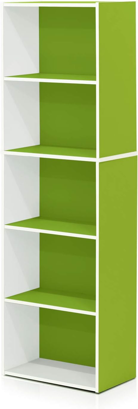 LUDER Book Shelf, 5-Tier Bookshelf, Bookcase with Open Shelves, 9.4 x 15.8 x 52, Easy Assembly, for Living Room, Bedroom, Home Office, White/Green