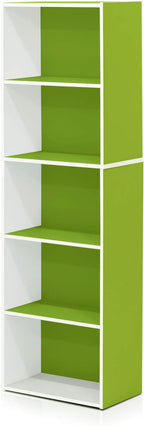 LUDER Book Shelf, 5-Tier Bookshelf, Bookcase with Open Shelves, 9.4 x 15.8 x 52, Easy Assembly, for Living Room, Bedroom, Home Office, White/Green