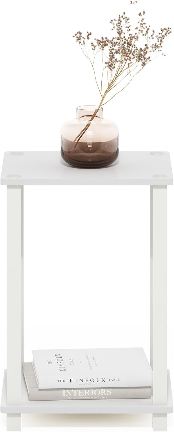 Simplistic Toolless Assembly Side Table, White 2-Tier End Table, Open Shelf Night Stand, Bedside Table for Living Room, Bedroom, Home Office, Plain White/White