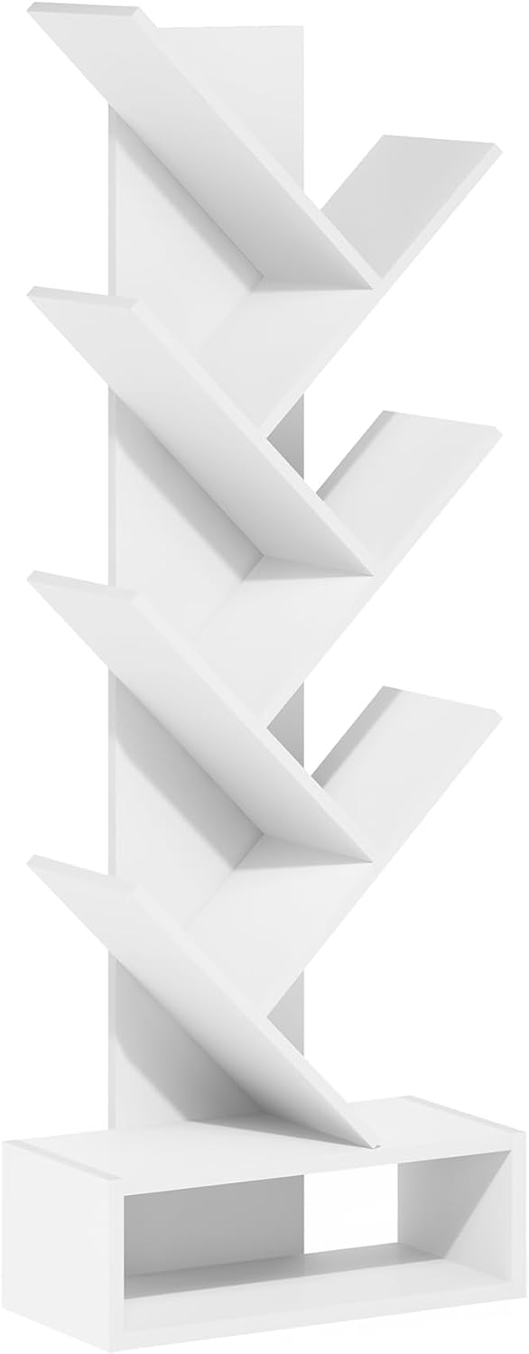 Tree Book Shelf, 7-Tier Bookshelf, Tree Bookcase with Bottom Shelf, 8.4 x 16.9 x 46.2, for Living Room, Bedroom, Home Office, White