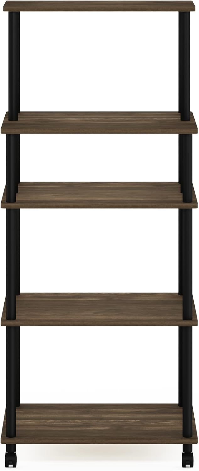 Turn-N-Tube 5-Tier Toolless Kitchen Storage Cart with Lockable Wheels, Columbia Walnut/Black