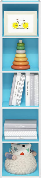 PASIR Book Shelf, 5-Tier Modern Bookshelf, Open Shelves Bookcase 9 x 12 x 52, Easy Assembly, for Living Room, Bedroom, Home Office, Light Blue/White