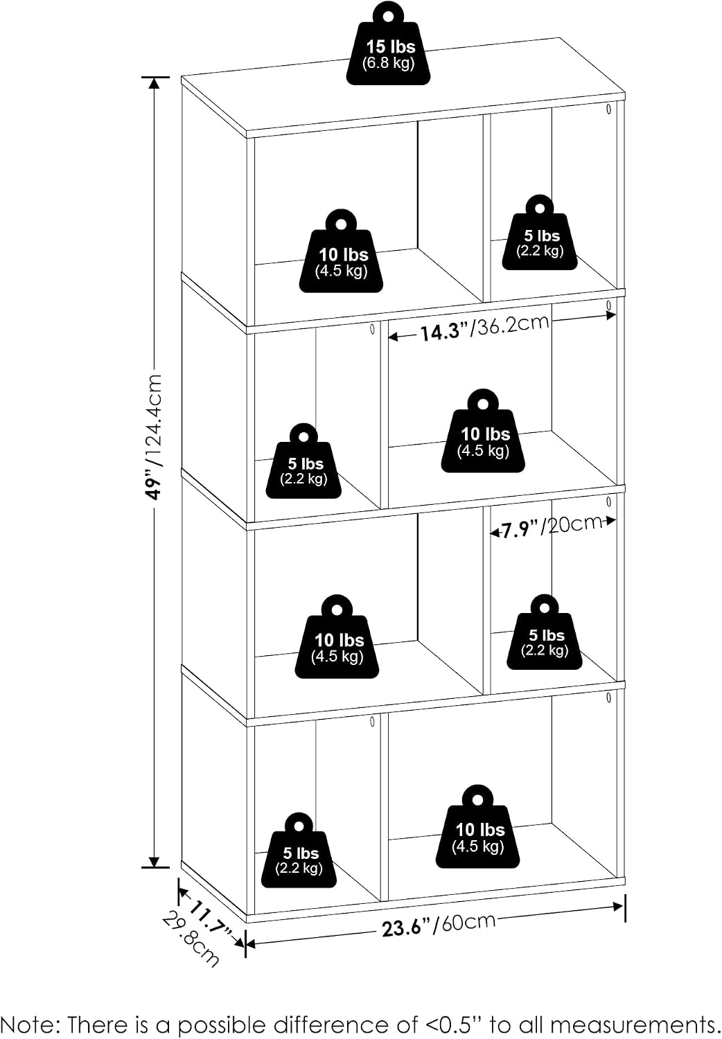 DALY Book Shelf, 8-Cube Bookshelf, Cube Storage Organizer Bookcase with Irregular Compartments, 11.7 x 23.6 x 49, for Living Room, Bedroom, Home Office, Espresso