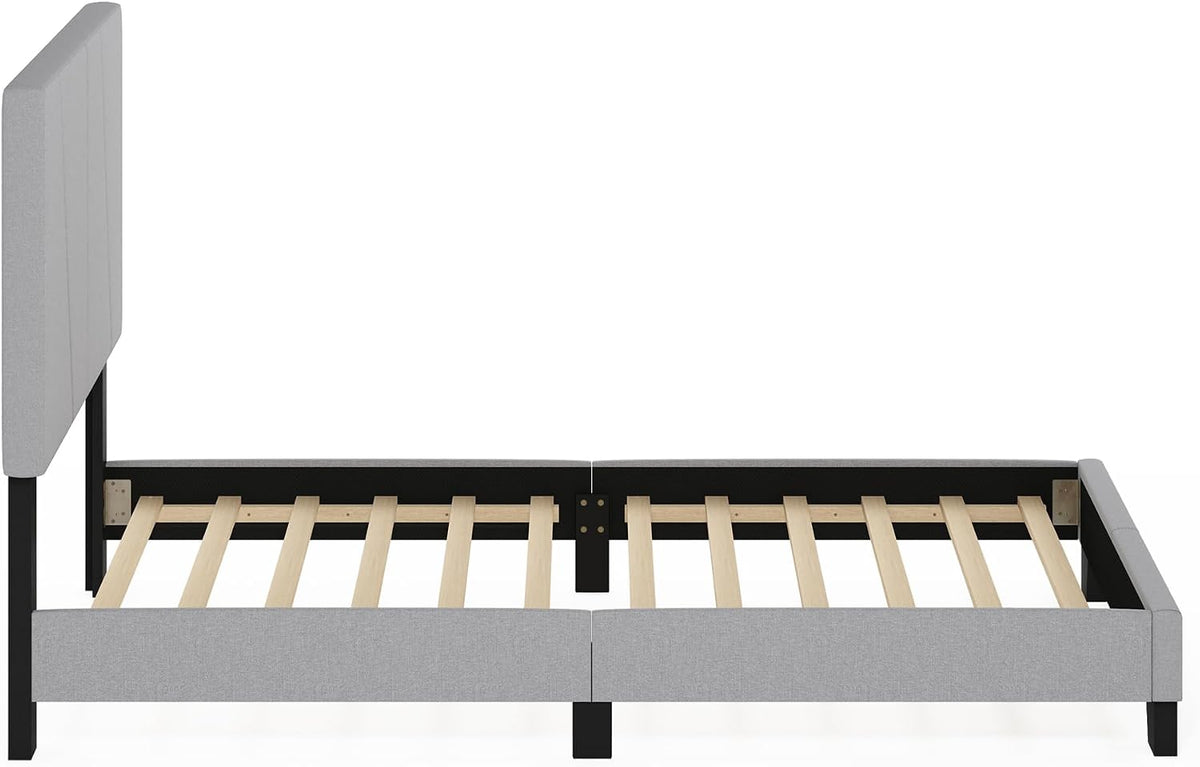 Lucy Twin Size Bed Frame with Geometric Design Upholstered Headboard, Bedframe with Adjustable Headboard, No Box Spring Needed, 12pcs Wooden Slat Support, for Bedroom, Dorm, Light Grey
