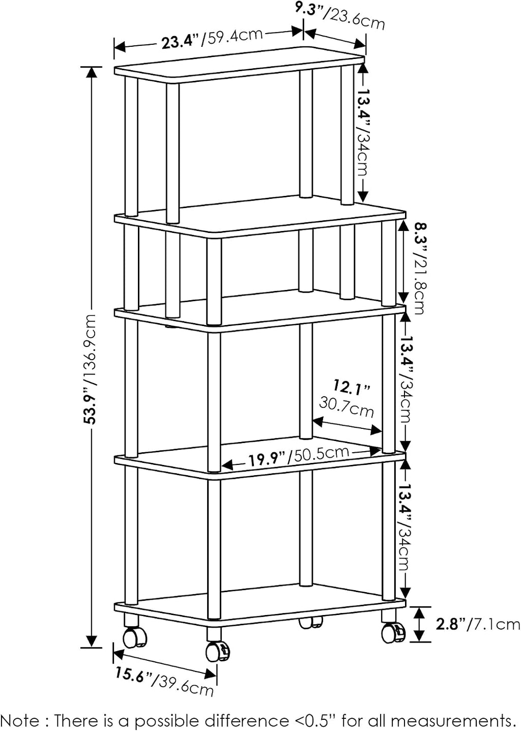 Turn-N-Tube 5-Tier Toolless Kitchen Storage Cart with Lockable Wheels, Columbia Walnut/Black