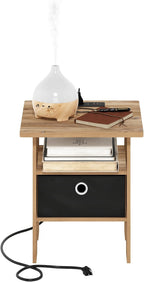 Andrey USB and Type-C Port Charging Station End Table with Storage Bin, 15.55 (W) x 12.56 (H) x 8.5 (D) inches, Flagstaff Oak/Black