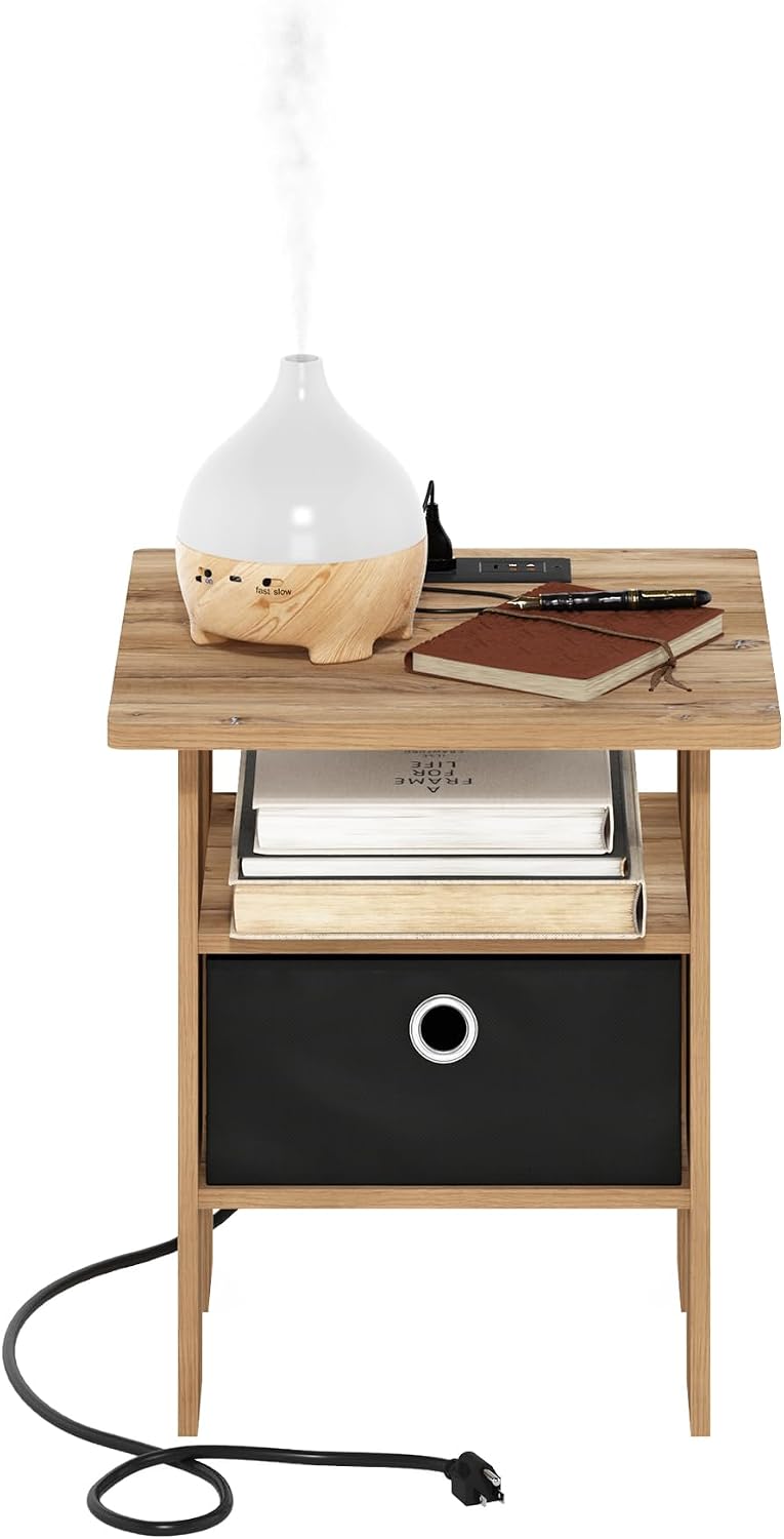 Andrey USB and Type-C Port Charging Station End Table with Storage Bin, 15.55 (W) x 12.56 (H) x 8.5 (D) inches, Flagstaff Oak/Black