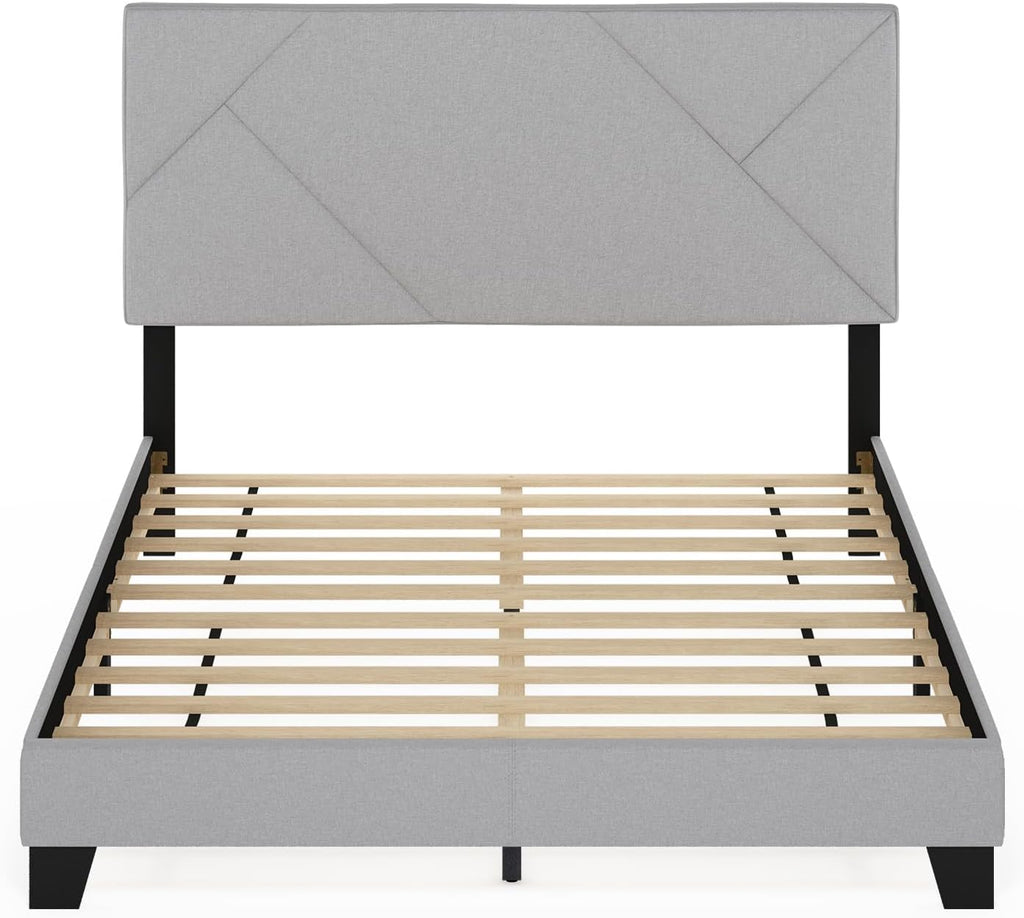 Skylar Queen Size Bed Frame with Geometric Design Upholstered Headboard, Bedframe with Adjustable Headboard, No Box Spring Needed, 12pcs Wooden Slat Support, for Bedroom, Dorm, Light Grey
