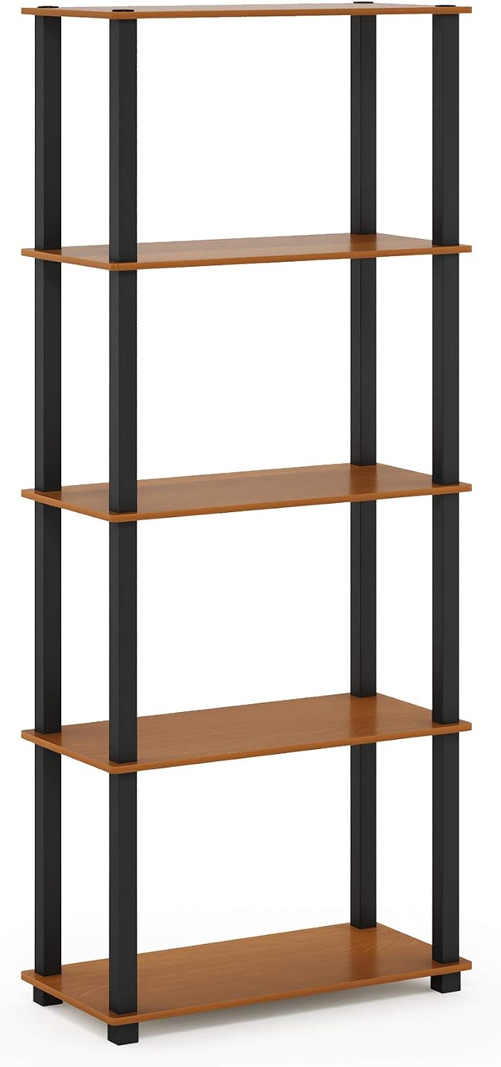 Turn-S-Tube Toolless Assembly 5-Tier Oak Storage Shelves with Square Tubes, Shelving Unit for Organization and Storage for Living Room, Home Office, Light Cherry Oak