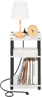 Just 3-Tier Turn-N-Tube USB and Type-C Charging Port End Table with Open Storage, 11.42 (W) x 8.82 (H) x 6.77 (D) inches, Marble White/Black