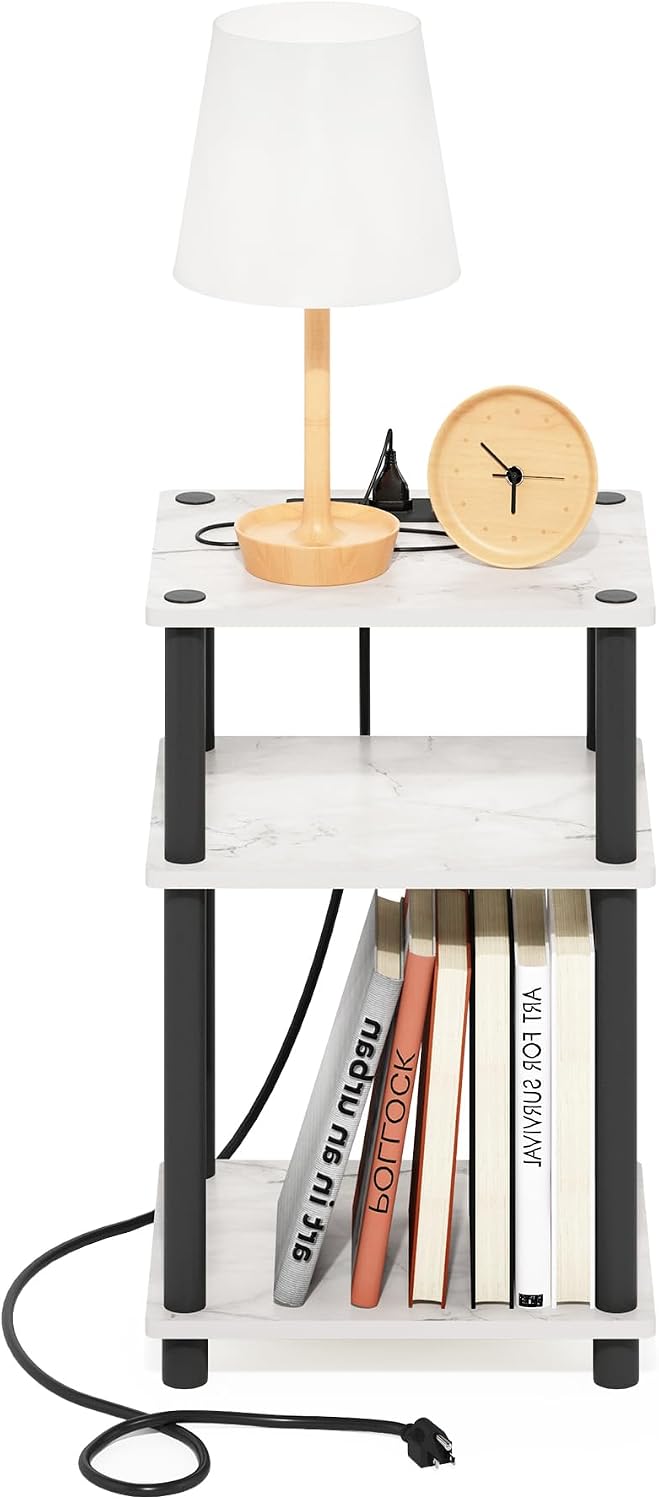 Just 3-Tier Turn-N-Tube USB and Type-C Charging Port End Table with Open Storage, 11.42 (W) x 8.82 (H) x 6.77 (D) inches, Marble White/Black