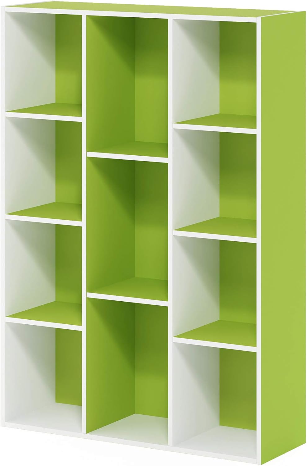 LUDER Book Shelf, 11-Cube Bookshelf, Reversible Bookcase, 9.4 x 29.1 x 41.7, Easy Assembly, for Living Room, Bedroom, Home Office, White/Green